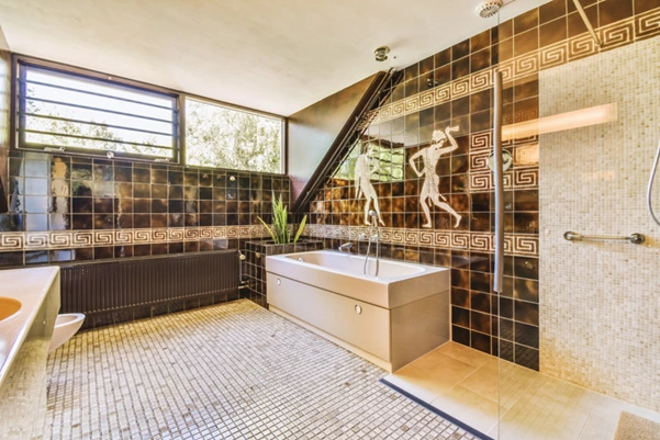 A bathroom showcasing a mix of tile styles