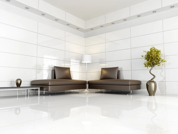 Luxurious living room with perfectly clean and reflective white porcelain floor tiles