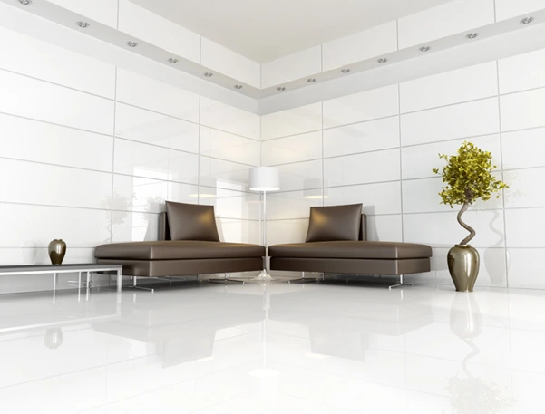Luxurious living room with perfectly clean and reflective white porcelain floor tiles