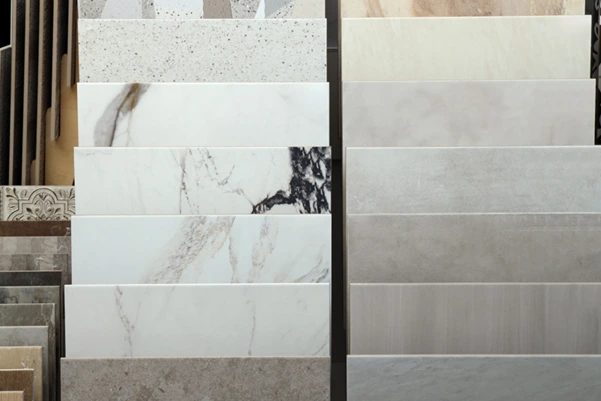 A display of luxury tile samples, including marble and porcelain, in various colors and finishes.