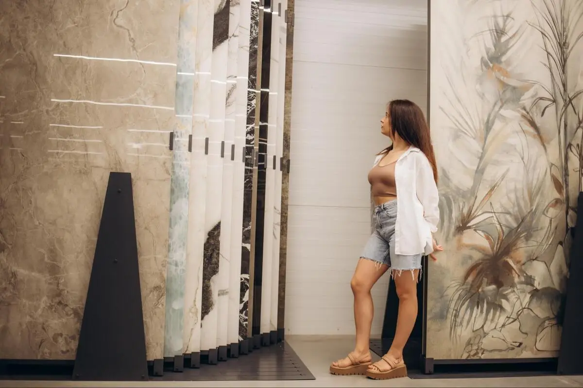 A woman standing next to a realistic natural stone-look ceramic tile feature wall, showcasing modern texture and design.