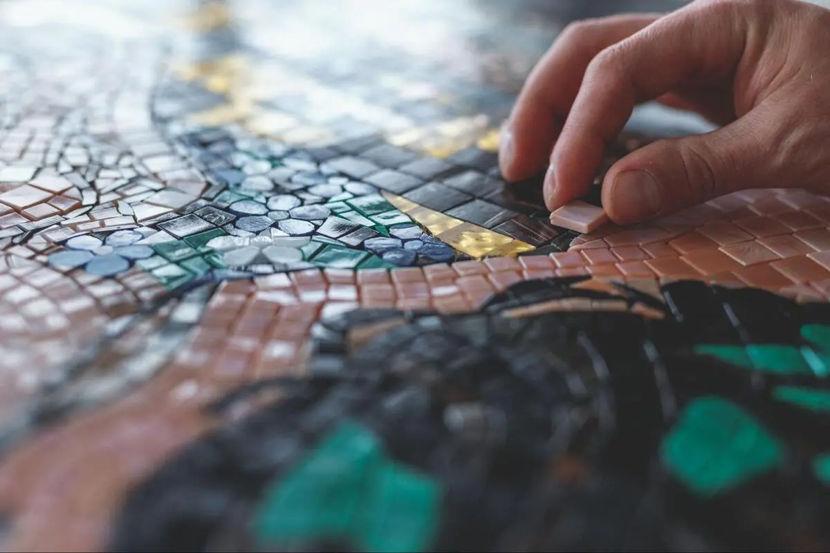 Close-up of hands laying small mosaic tiles on a surface during bathroom installation